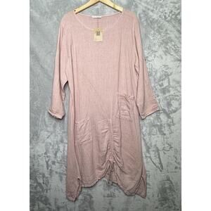 Saga Dress Womens One Size Pink Linen Langenlook Midi Pockets Ruched Made Italy